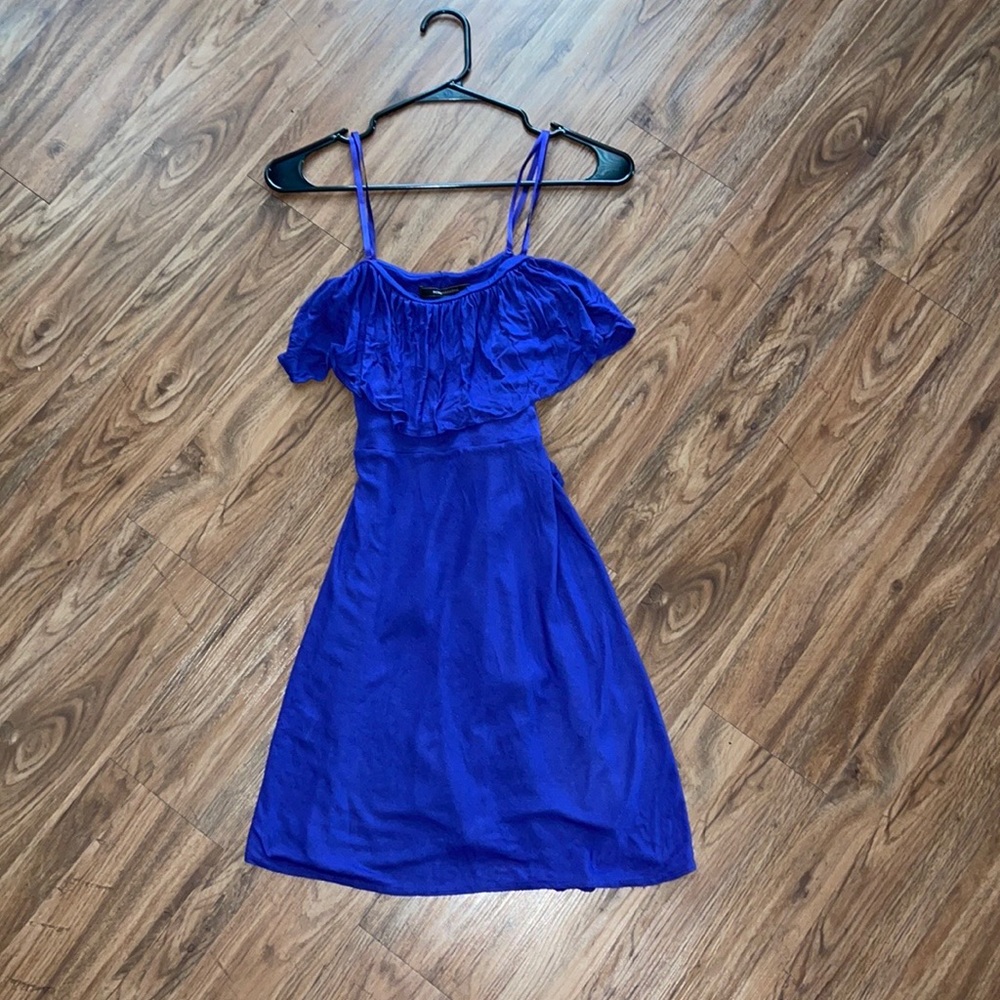 BCBG blue strapless dress.